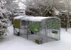 Green Eglu Cube and run in the garden covered in Snow