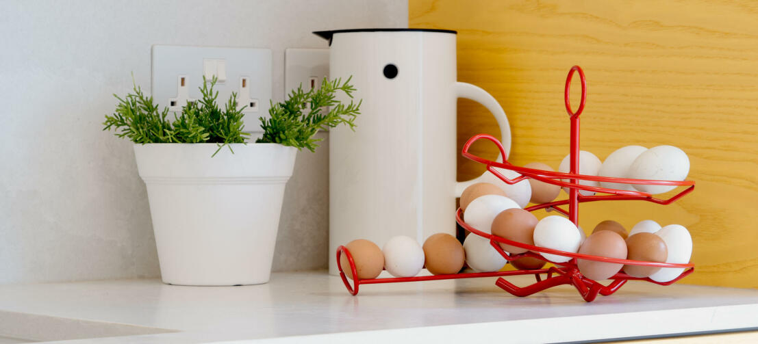 An Omlet egg skelter full of fresh eggs in a kitchen