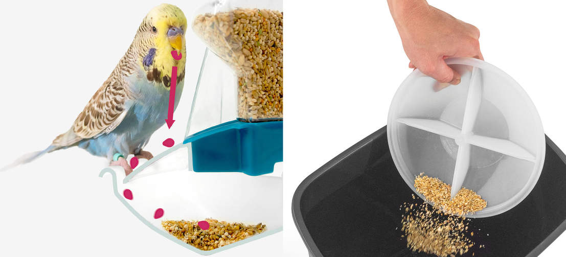 Geo bird cage feeder catches husk and dropped food and emptying feeder