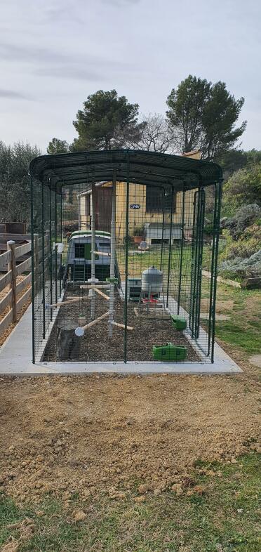 Henhouse installed on a concrete perimeter for easy mowing without damaging the wire mesh