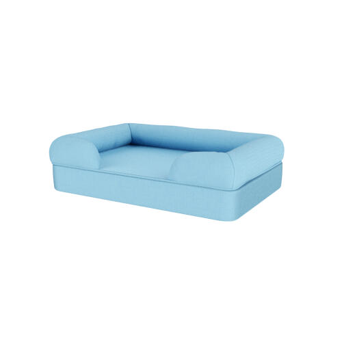 A light blue memory foam bolster dog bed.