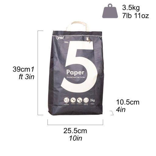 Paper cat litter bag showing dimensions