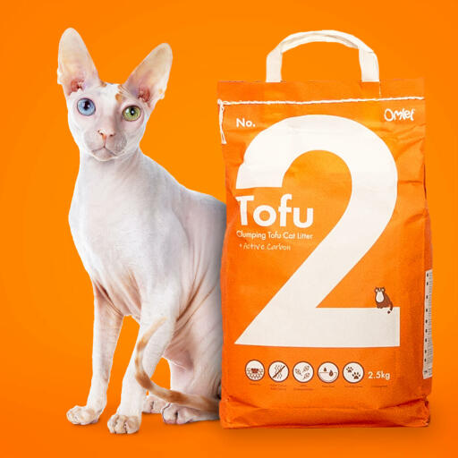 A bag of tofu cat litter with a white cat standing behind