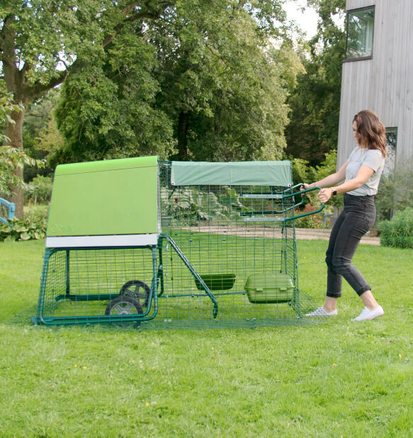 Woman moving her portable Eglu Go ip chicken coop around the backyard