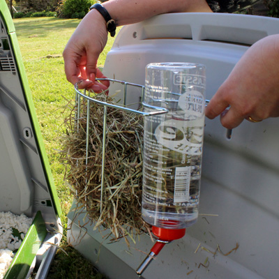 Attaching the hay rack and water bottle to the back panel of the Guinea Pig Hutch