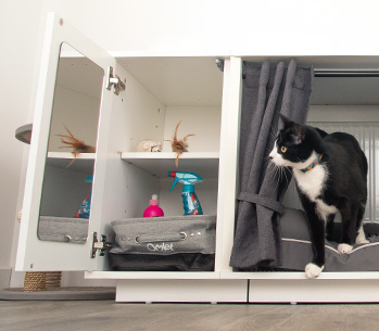 The Maya Nook Wardrobe keeps your cat toys and cat treats tidy
